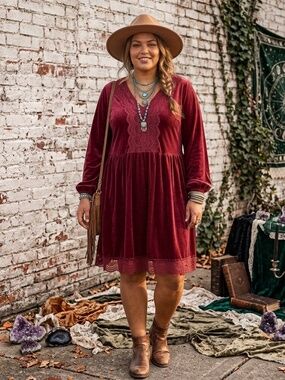 Whimsigoth Witchy Burnt Orange Velvet Lace Dress 4XL